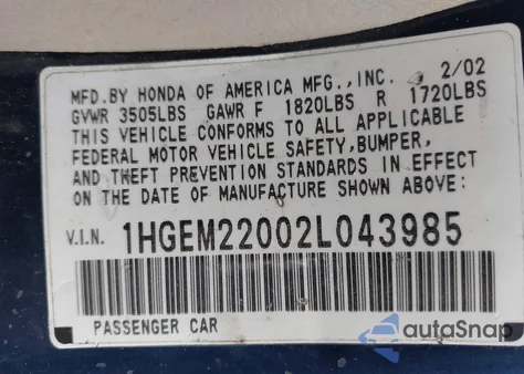 2002 Honda Civic Ex z USA, uszkodzony, nr VIN 1HGEM22002L043985